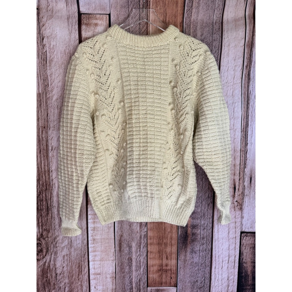 Vintage Cable Knit Sweater Chunky Aran Fisherman Bobble Grandpa Winter Cream